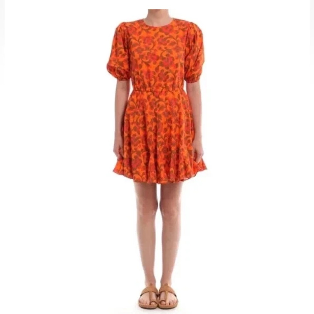 RHODE Molly Lace Up Back Dress Printed Puff Sleeve Bohemian Orange Flared New M - Picture 8 of 8